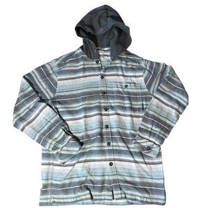 Billabong Hooded Flannel Shirt Mens Medium Blue Long Sleeve Button Striped Baja
